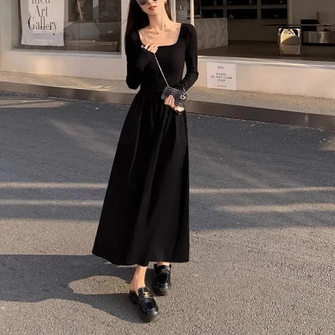 Women's square collar knitted dress in black or grey with elastic waist and A-line skirt, long sleeves