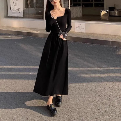Women's square collar knitted dress in black or grey with elastic waist and A-line skirt, long sleeves