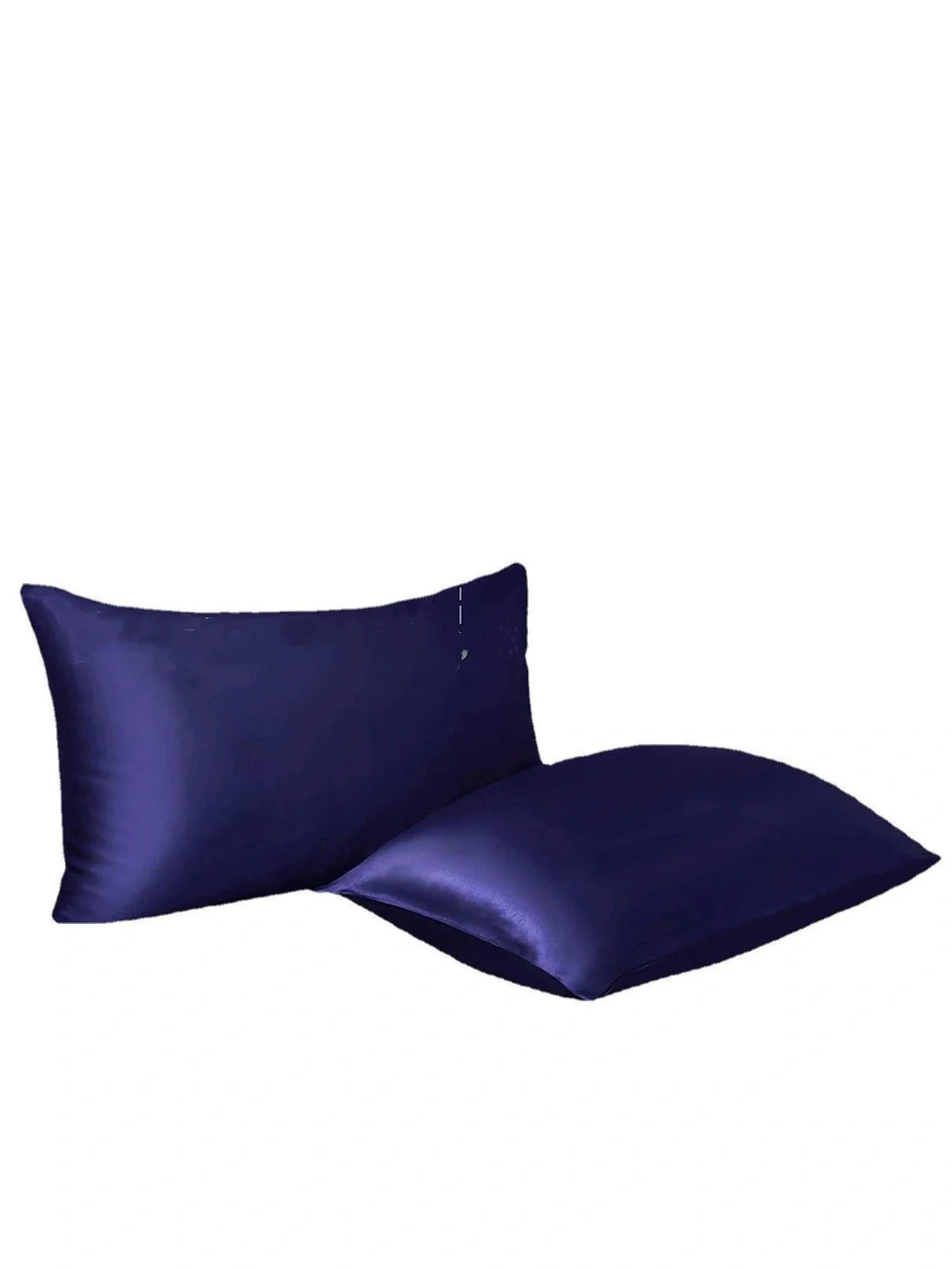 Navy blue floral pattern silk bedding set with quilt cover, fitted sheet, and two pillowcases on bed