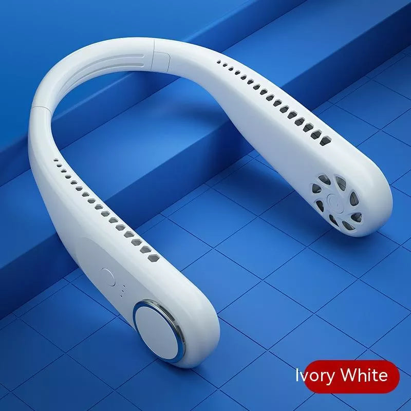 USB-powered leafless halter fan in classic black with adjustable neck strap