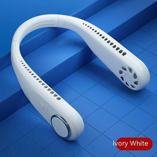 USB-powered leafless halter fan in classic black with adjustable neck strap