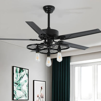 Retro industrial ceiling fan with five wooden blades, bird cage housing, and remote control