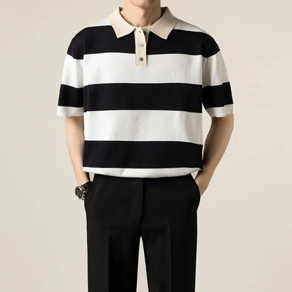 Men's striped short-sleeved business T-shirt in polyester, shown in black, coffee, white, and dark grey.