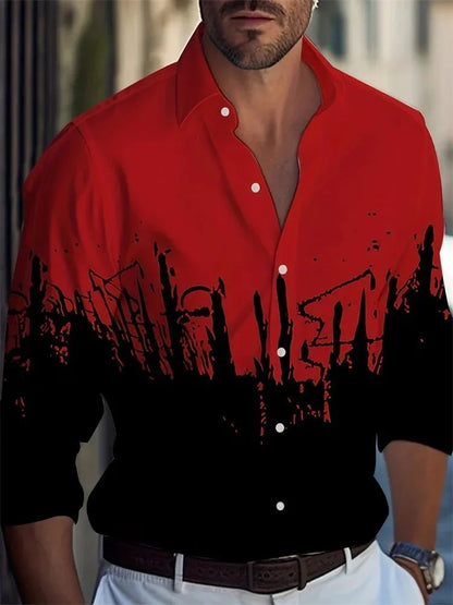 Man wearing a loose-fit, long sleeve Hawaiian shirt with a floral pattern