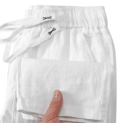 Pure linen Chinese style elastic waist trousers in straight leg cut with drawstring closure