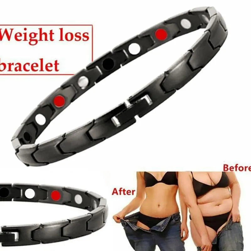 Metal rhombus therapy bracelet in black, bronze, gold, or silver, available as single or multi-pack for arthritis and slimming support.