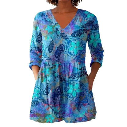 Women's retro slim fit long-sleeved top with digital printed pattern in various colours, showing front view