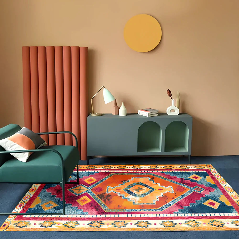 Rectangular boho-style polyester rug in various colours and sizes, machine-woven for consistent texture