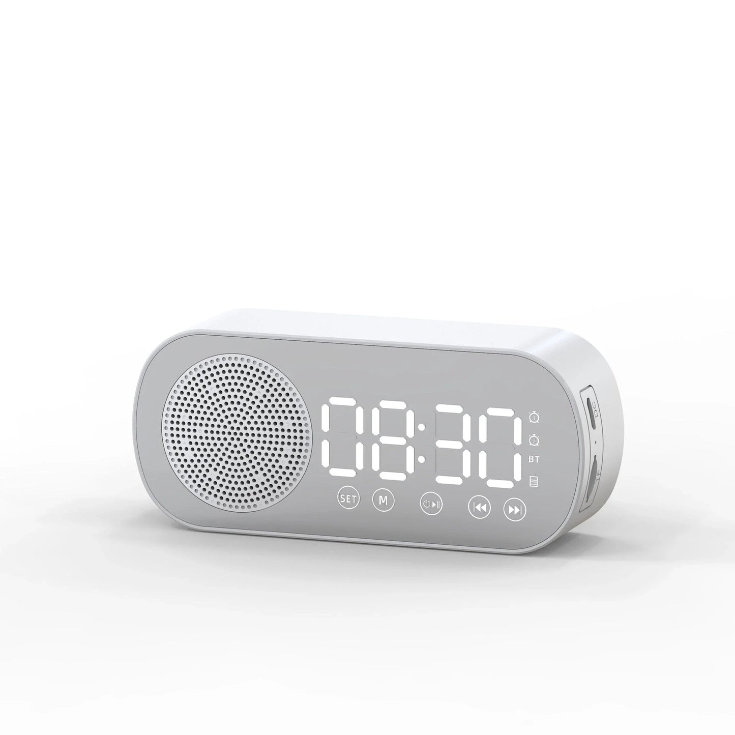 5-in-1 Bluetooth alarm clock with mirror design, LED display, FM radio, dual alarms, and phone stand