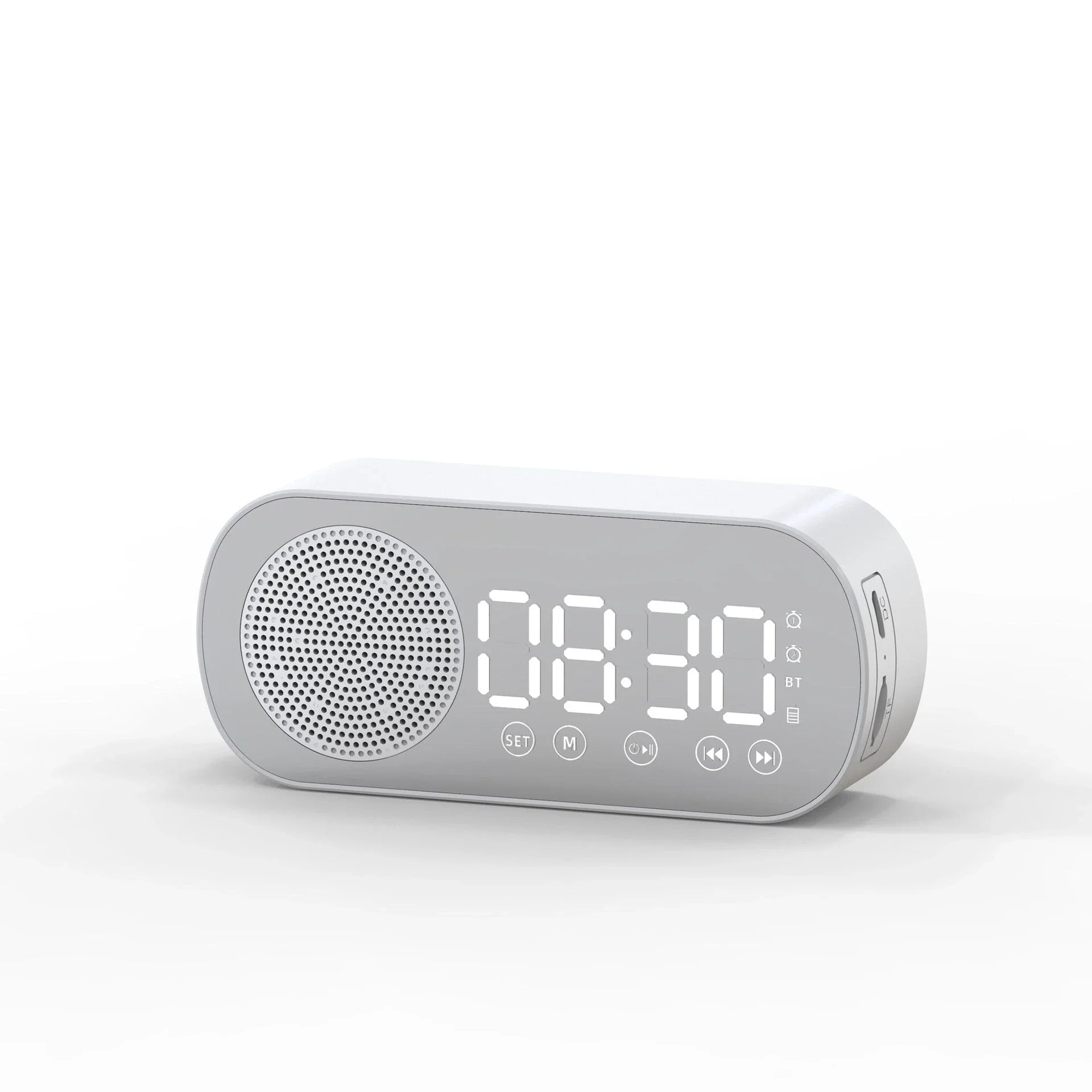 5-in-1 Bluetooth alarm clock with mirror design, LED display, FM radio, dual alarms, and phone stand