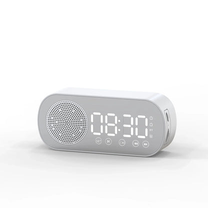 5-in-1 Bluetooth alarm clock with mirror design, LED display, FM radio, dual alarms, and phone stand