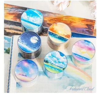 Roll of Japanese paper sky theme washi tape showing colourful clouds design, 30mm width