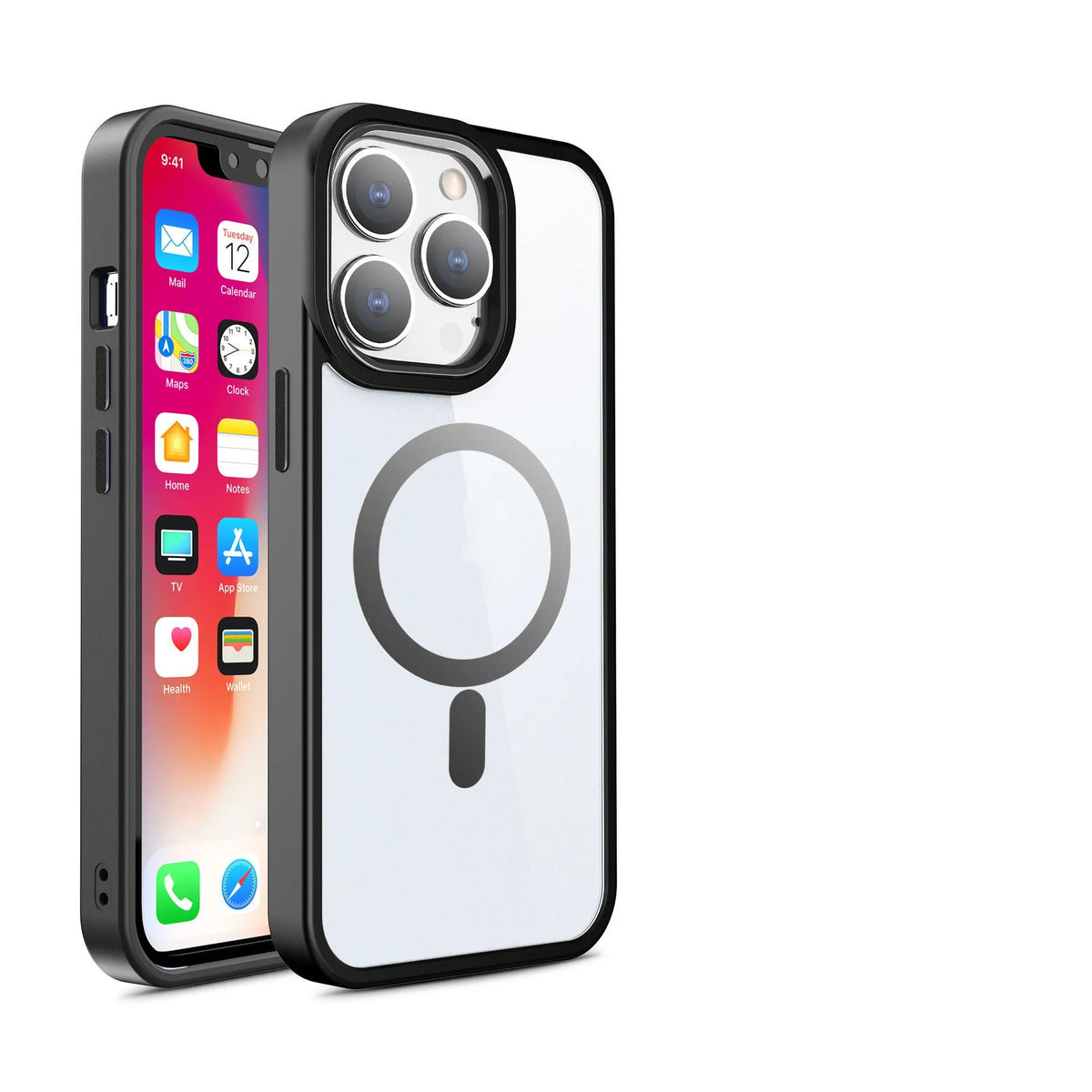 Magnetic transparent silicone phone case showing iPhone compatibility and 10 colour options including green, red, blue, and purple