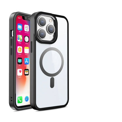Magnetic transparent silicone phone case showing iPhone compatibility and 10 colour options including green, red, blue, and purple