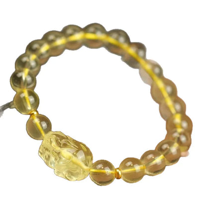 Yellow leather bracelet with citrine Pi Xiu charm and beads in selectable sizes.
