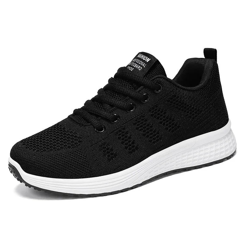 Women's Fly-knit running sneakers in black, rose red, or gray pink with soft bottom and flat heel.