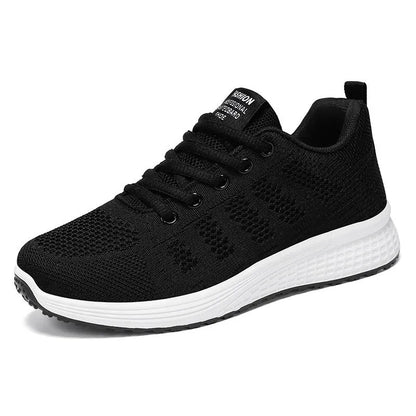 Women's Fly-knit running sneakers in black, rose red, or gray pink with soft bottom and flat heel.