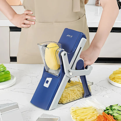 Purple kitchen vegetable chopper with stainless steel blades and wire planer attachment on 41cm workspace