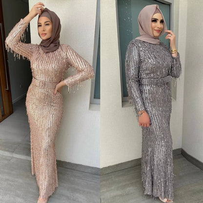 Sequin Tassels Slim-fit Muslim Dress in gold and silver with unique detailing