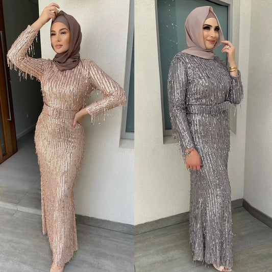 Sequin Tassels Slim-fit Muslim Dress in gold and silver with unique detailing