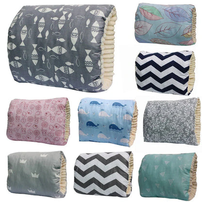 Adjustable cotton nursing pillow with various colorful designs, providing comfort and support for breastfeeding and bottle-feeding
