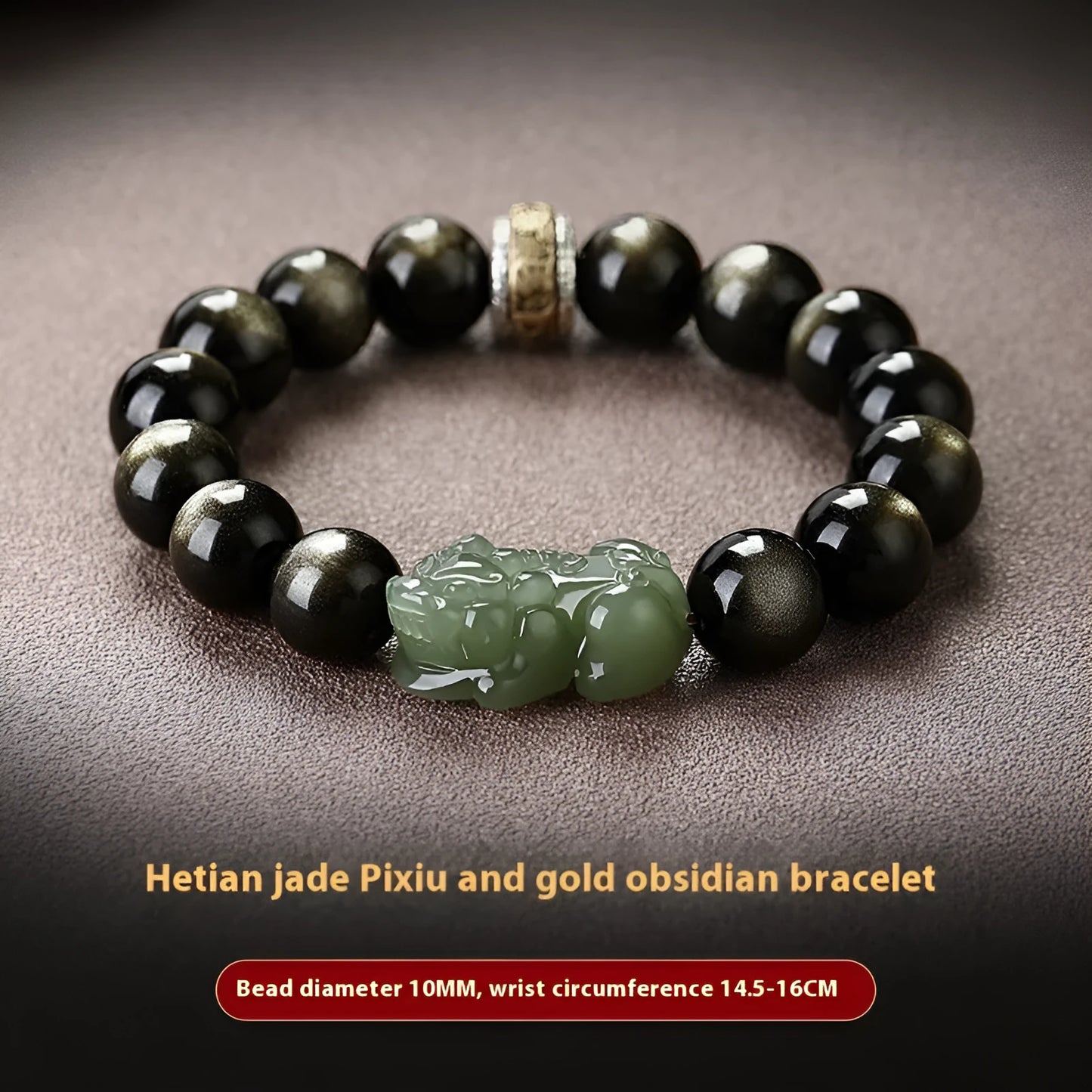 Rainbow eye obsidian beaded bracelet in gold obsidian and jade pi xiu colours.