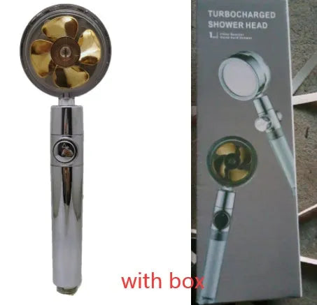Chrome-finished ABS plastic water-saving shower head with a round, rotating spray head.