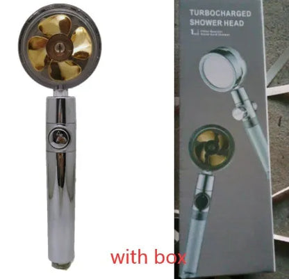Chrome-finished ABS plastic water-saving shower head with a round, rotating spray head.