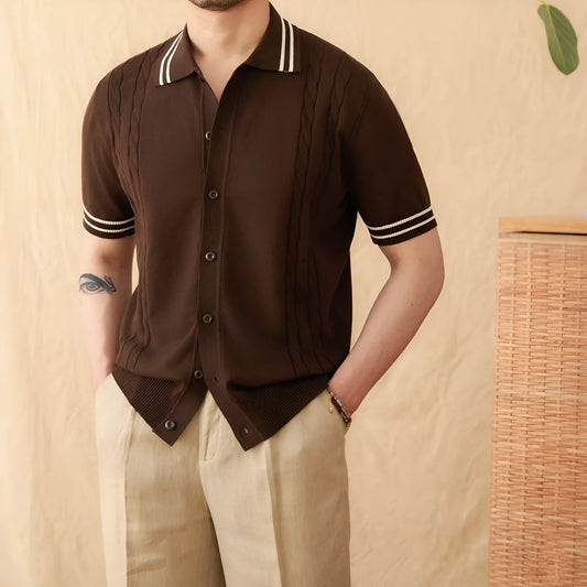 Casual apricot coloured lapel collar polo shirt made from thin cotton blend fabric on a hanger.