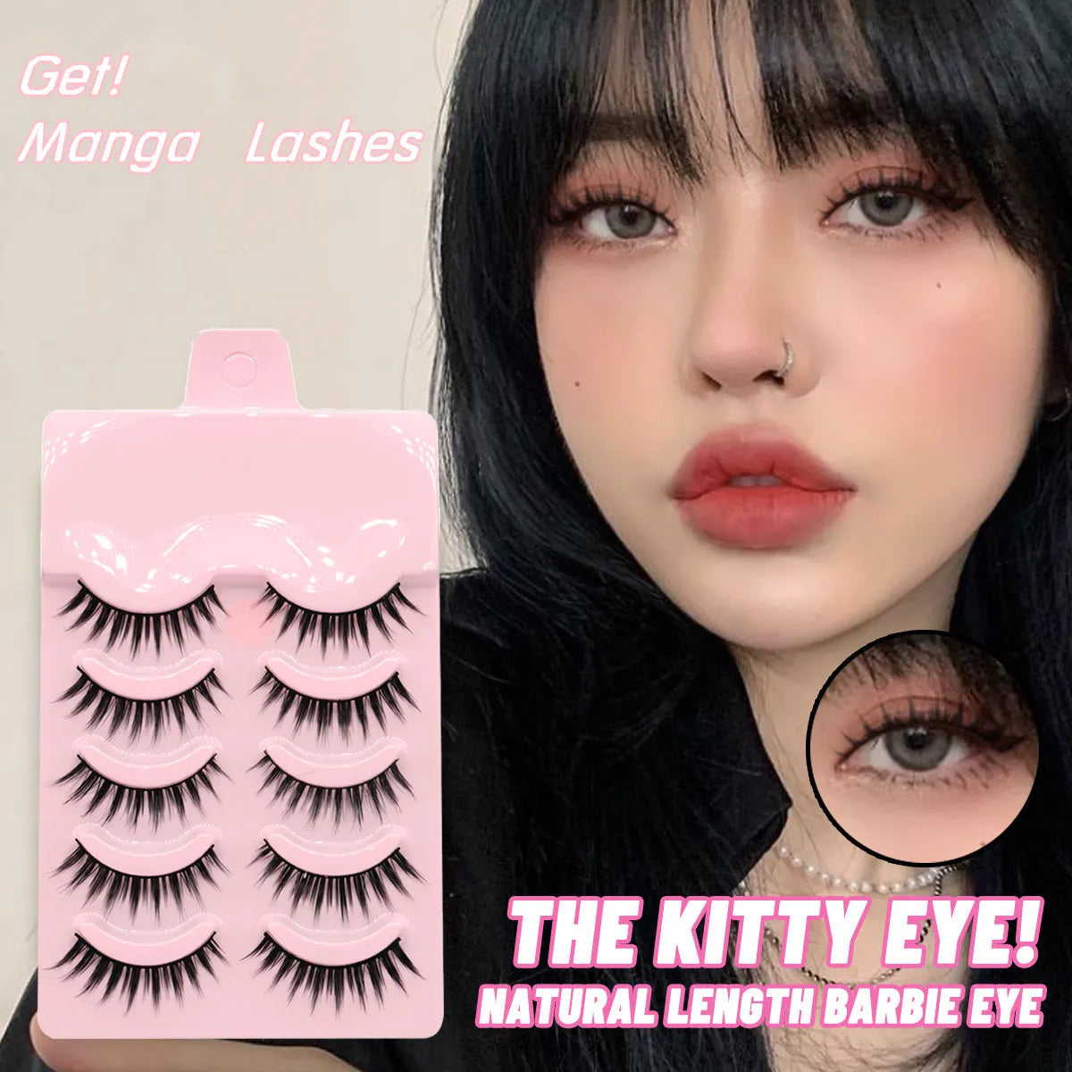 Set of manga-style false eyelashes in natural wispy styles 007, 008, and 009 on plastic black terrier