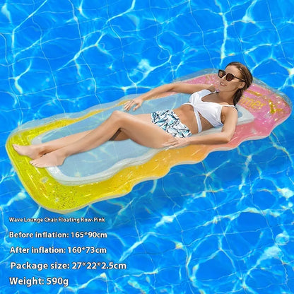 PVC inflatable pool floating row with sequins and mesh deck on blue water