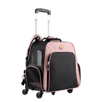 Dark blue pet backpack with mesh ventilation panels showing 33.7L capacity and adjustable shoulder straps