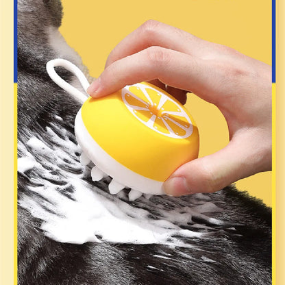 Yellow silicone pet bath brush with 3D massage head for dog and cat grooming measuring 102x70x46mm