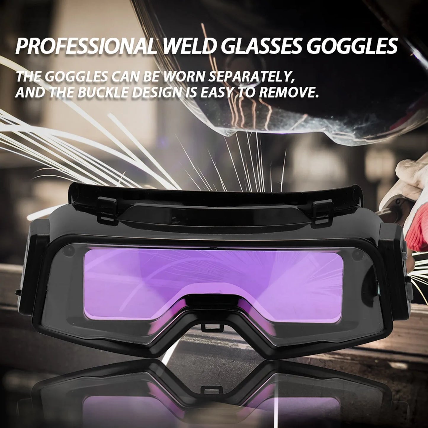 Black automatic welding mask with auto-darkening lens showing 122.5x35mm viewing area and dual sensors