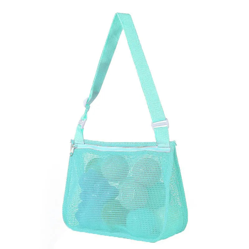 Blue children's travel storage organiser bag with nylon mesh construction and shoulder strap