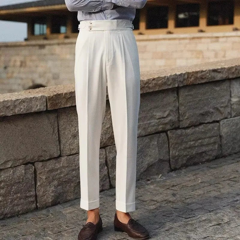 Slim fit straight-leg suit pants in black, white, or apricot for business formal wear, sizes 28-38