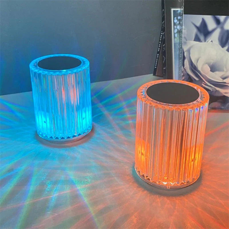 Elegant acrylic LED desk lamp with color-changing RGB lights, modern design, and touch or remote control lighting adjustments