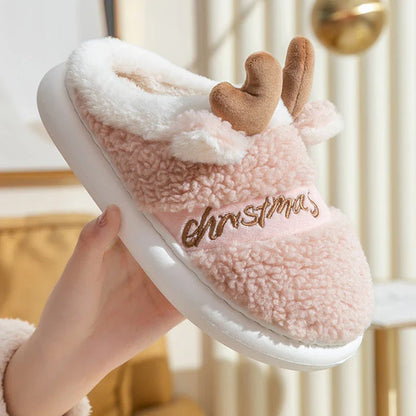 Cozy elk-themed slippers with plush suede uppers and supportive EVA soles in a variety of dreamy colors