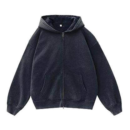 Women's fleece-lined distressed hooded cardigan sweater in loose fit with patch pockets