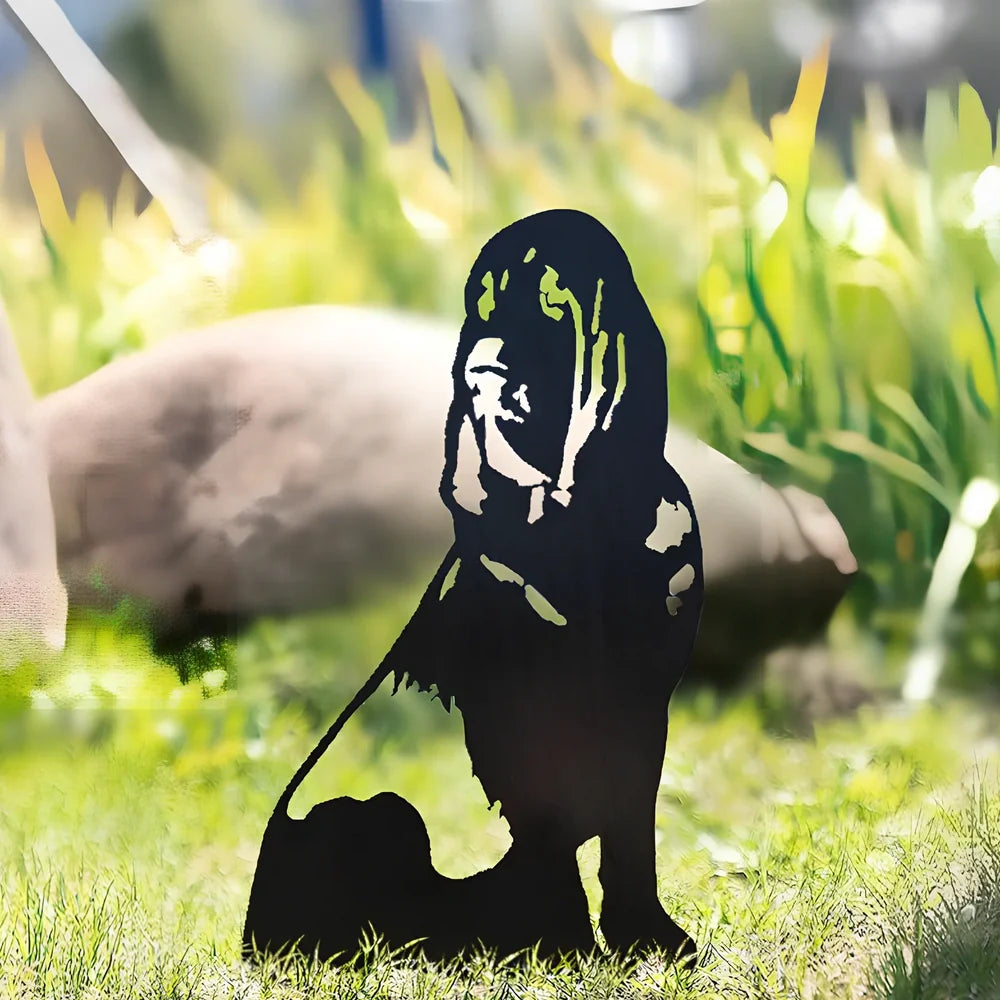 Metal dog silhouette garden decoration showing breed outline on iron background for outdoor display