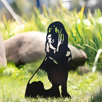 Metal dog silhouette garden decoration showing breed outline on iron background for outdoor display