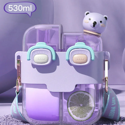 Plastic water bottle with spring cover in coral pink, measures 11.3x20.5x7cm