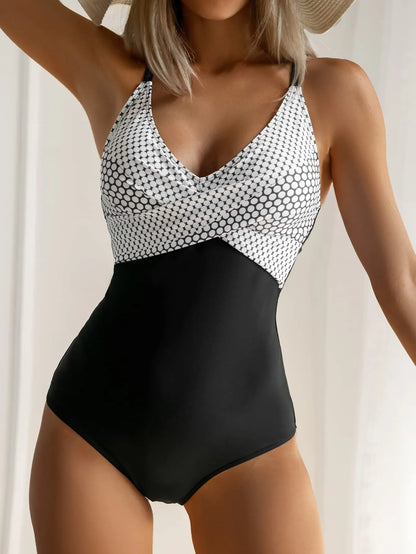 Women's backless swimsuit with lace-up detail in leopard print pattern, showing adjustable back design