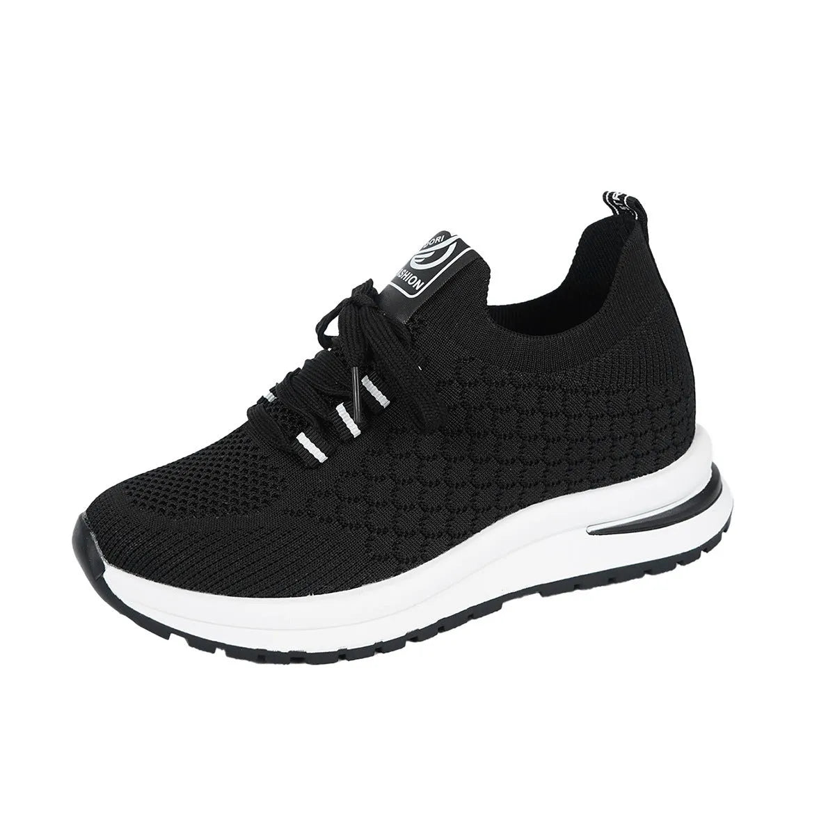 Women's black mesh lace-up platform sneakers with a round toe and flat rubber sole on a white background.