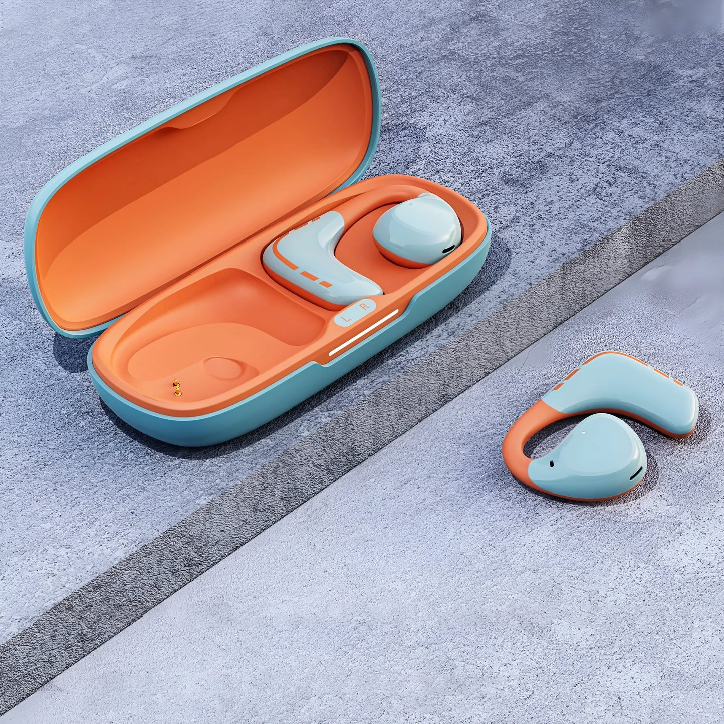 Blue and orange mixed colour wireless Bluetooth sports headset with ear-hook design