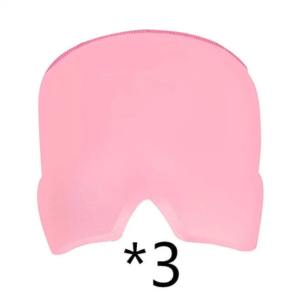 Black elastic gel headache relief mask laid flat showing eye contours and adjustable headband.