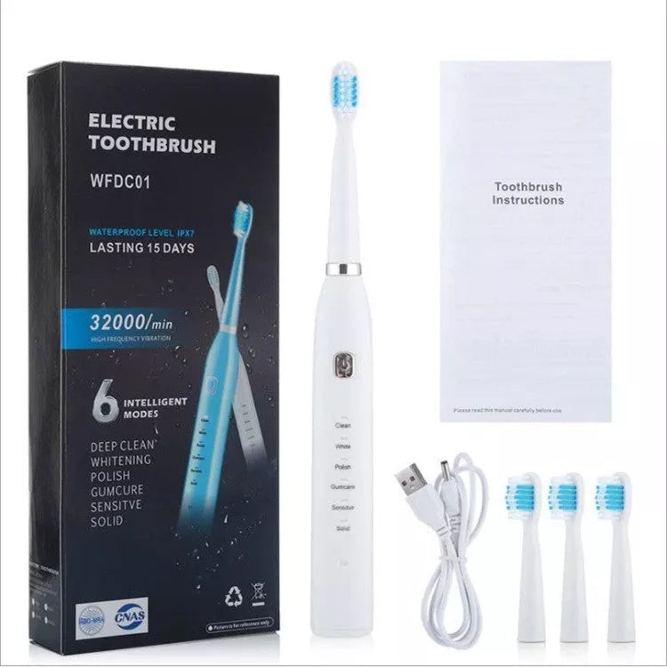 USB Charging Electric Toothbrush in White, Pink, and Blue with 4 Replacement Heads