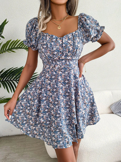 Elegant floral mini dress with A-line silhouette and short sleeves in a variety of vibrant colors