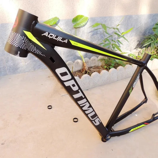 29-inch black green aluminium mountain bike frame with disc brake bracket and innerline cable routing