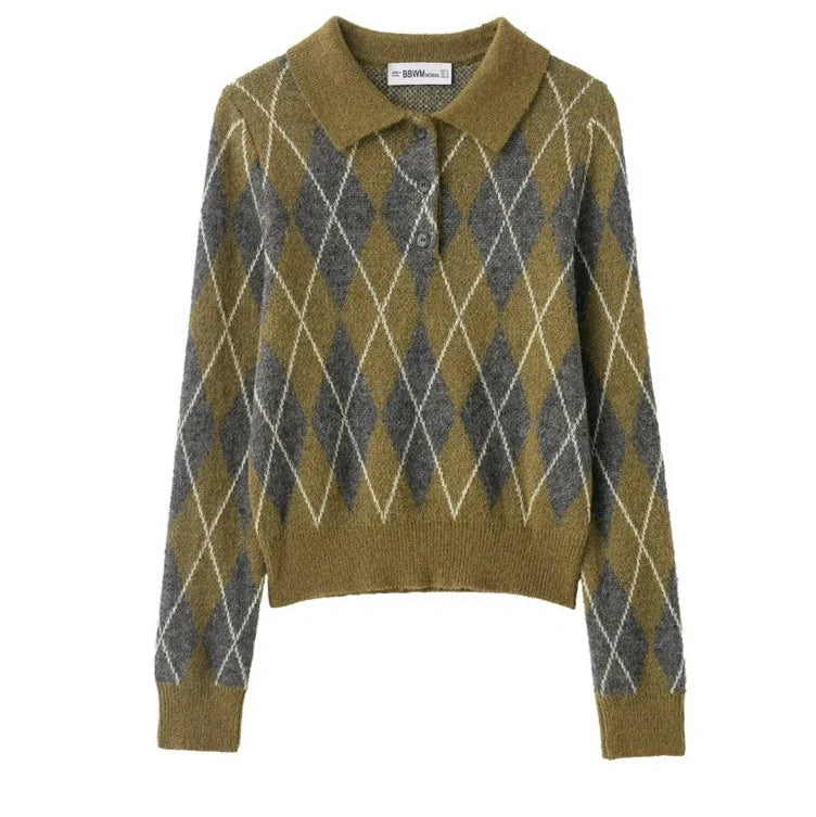Women's notched lapel knitted sweater with diamond pattern and colour blocking, 40-50cm length